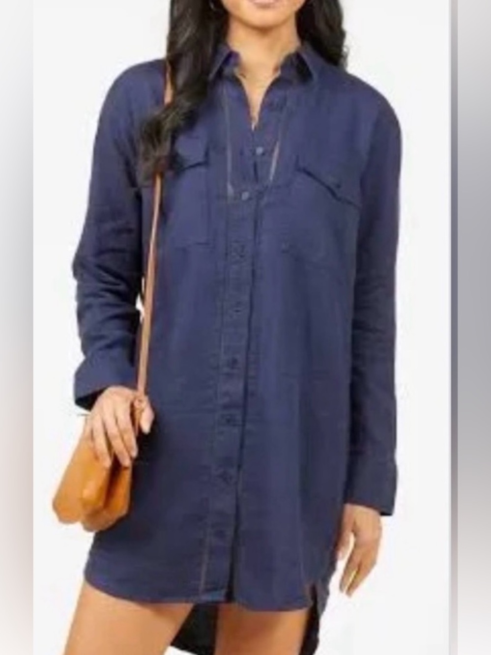 Outerknown Shirt Dress Women's XS Blue Linen Organic Cotton Crochet Long Sleeve - Picture 2 of 16